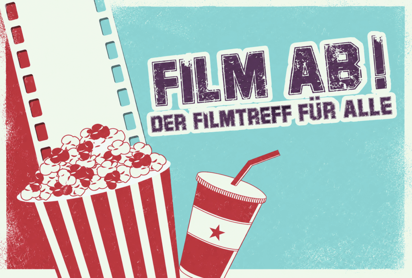 Retro-Illustration zum „Filmtreff für alle“ mit Popcorn, Getränkebecher und Filmstreifen vor türkisfarbenem Hintergrund.