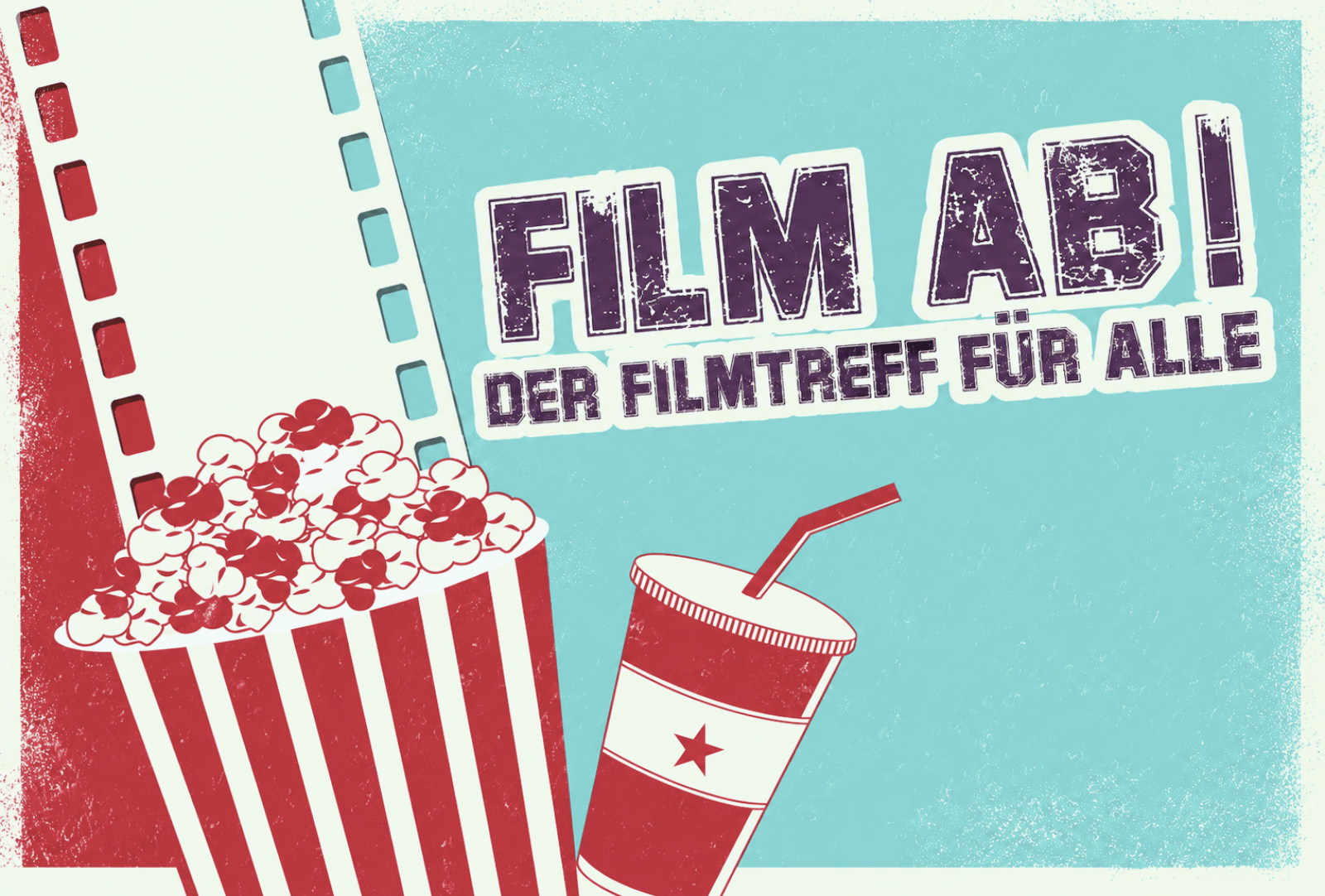 Retro-Illustration zum „Filmtreff für alle“ mit Popcorn, Getränkebecher und Filmstreifen vor türkisfarbenem Hintergrund.