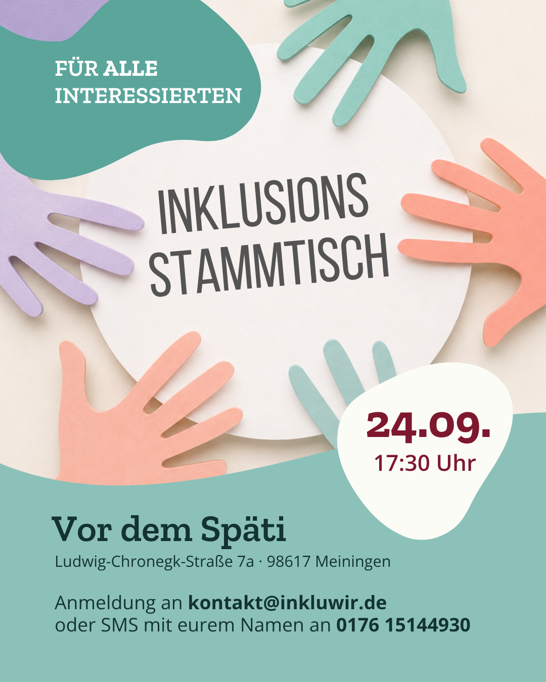 Einladungsmotiv zum 11. Inklusions-Stammtisch am 24. September 2026 vor dem Späti in Meiningen.