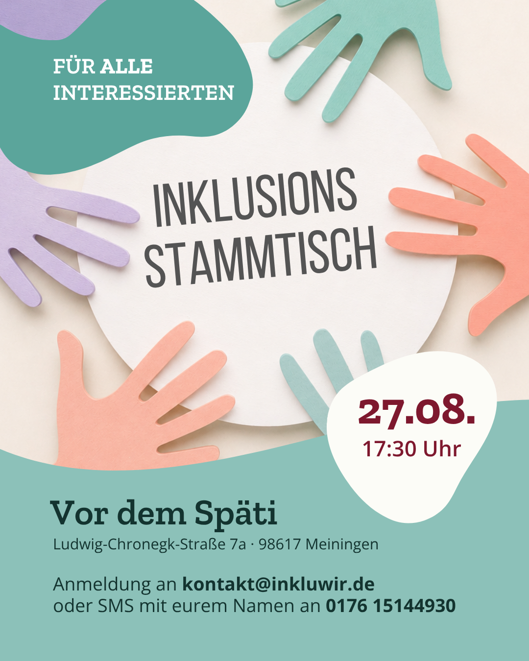 Flyer zum 10. Inklusions-Stammtisch am 27. August 2026 um 17:30 Uhr vor dem Späti in Meiningen. Das offene Treffen richtet sich an alle Interessierten.
