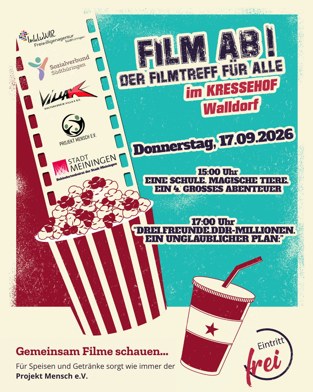 Veranstaltungsflyer „Film ab! – Der Filmtreff für alle“ am 17. September 2026 im Kressehof Walldorf mit zwei Vorstellungen um 15 und 17 Uhr. Der Eintritt ist frei.
