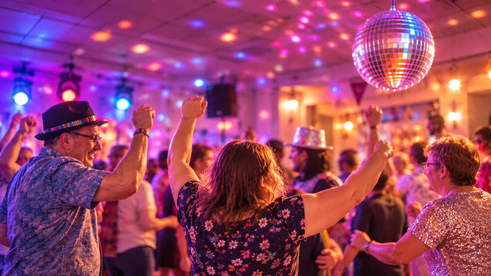 Menschen tanzen gemeinsam bei einer Disco mit bunten Lichtern und Discokugel.