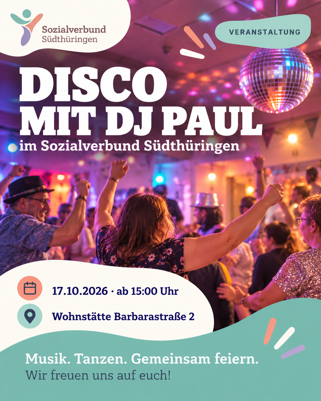 Flyer zur Disco mit DJ Paul am 17. Oktober 2026 ab 15 Uhr in der Wohnstätte Barbarastraße 2 in Meiningen. Alle sind willkommen.