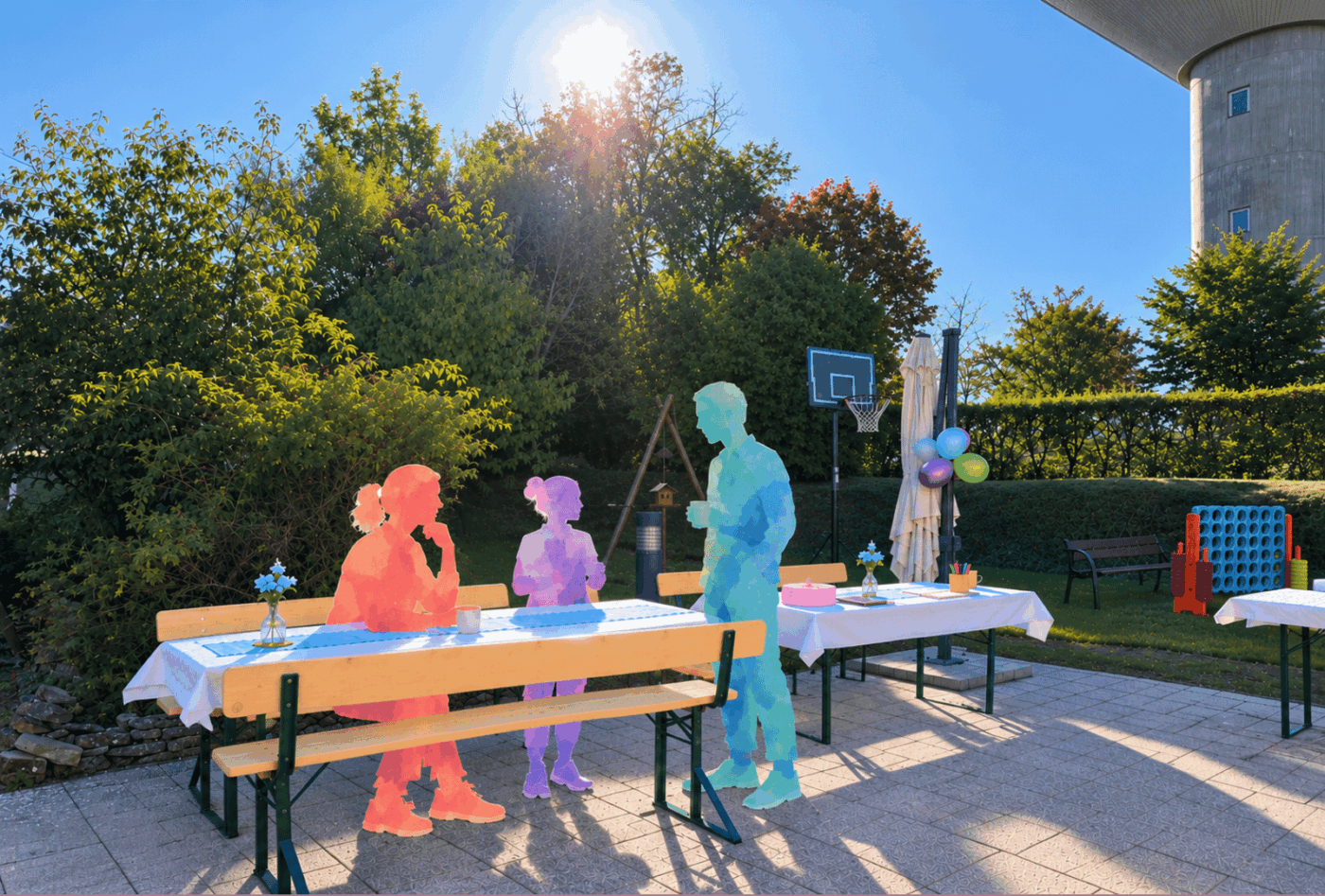 Drei farbige Illustrationen von Menschen im Gespräch an einer Bierzeltgarnitur im sonnigen Garten des Förderbereichs in Meiningen.