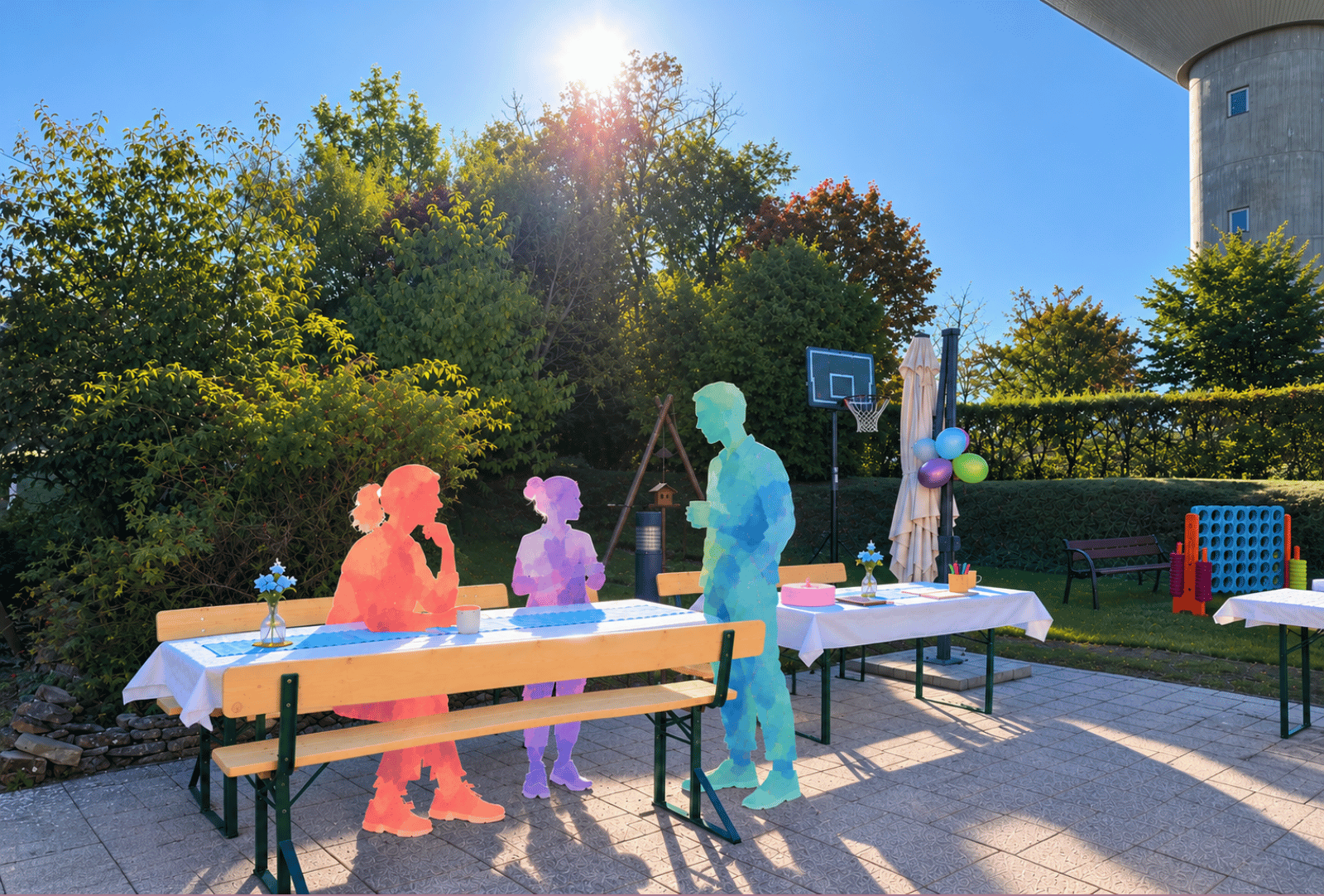 Drei farbige Illustrationen von Menschen im Gespräch an einer Bierzeltgarnitur im sonnigen Garten des Förderbereichs in Meiningen.